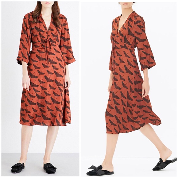 SANDRO Orange Bird Satin Midi Dress SZ Designer 1, S - Picture 1 of 9